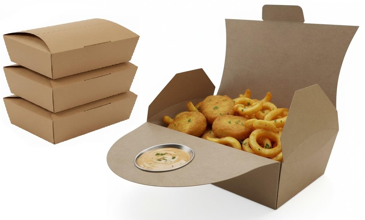2You Brown 50 X Kraft Food Boxes Takeaway Containers With Folding Lid & Dip Holder – Disposable Cardboard Noodle Rice Boxes For Catering, Deli, Street Food & Delivery
