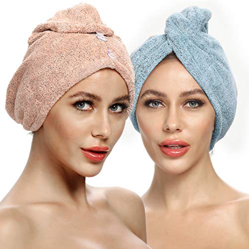 MEETRUE Hair Towel for Women Long Hair, Super Absorbent Quick Dry Bamboo Hair Towel Wrap Hair Turban Towel for Women Curly Hair, Magic Instant Dry Hair Towel, 2Pack