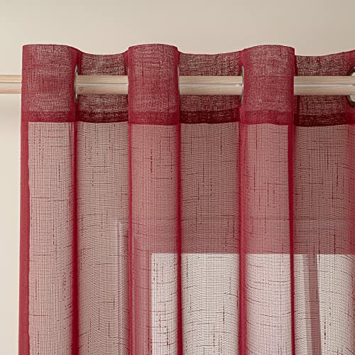 MIULEE 2 Panels Voile Curtains Sheer Cross Linen-like Solid Color Contemporary Decorative Ring Top Eyelet Panels for Bedroom Livingroom Nursery Room 55" Wx96 L Red - Image 3