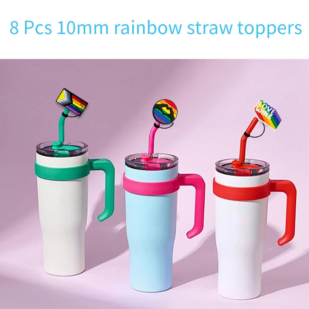 8 tapas de popote arcoíris de 10 mm, fundas de silicona para vasos, reutilizables, para popote, 30 y 40 onzas, protector de pajilla para cumpleaños, día del orgullo, suministros de fiesta LGBT,