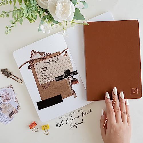Image of NEORAH - A5 Dotgrid Notebook SOFT COVER | Organiser REFILL | Dotted notebook Journal | 110 GSM | 160 pages (Size 21 cm x 14.8 cm)Planner Journaling Writing Note Taking Diary, Travellers Journal- BROWN