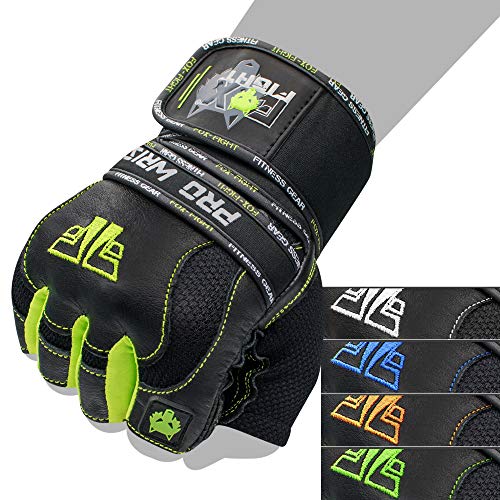 FOX-FIGHT Fitnesshandschuhe Trainingshandschuhe Kraftsport Damen Herren Leder Handschuhe Bodybuilding Sporthandschuhe mit Handgelenkbandage für Krafttraining Gewichtheben M PRO Wrist gelb