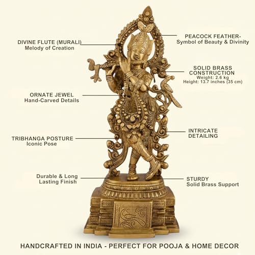 Image of Shree Krishna Idol with Flute Vrindavan Krishna Idol|100% Pure Brass Big Size Statue 35 cm, 2.5 Kg |Krishna Murti for Home Decor, Pooja Room, Mandir Decoration