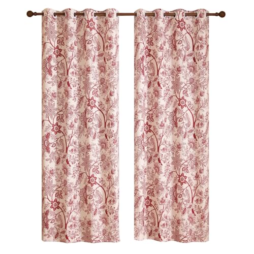 Image of ISAENNE Designer Elegant Linen Printed Curtains,2 Panels,94 inchx65 inch-Ruyi A | Vintage French Cottage Curtain with Grommets 94 inch long,Red Floral Pattern Draps,kitchen Bedroom Living Room Window