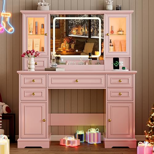 Pink Farmhouse Vanity with Lights & Large LED Mirror