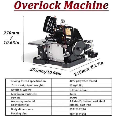 Macchina da Cucire overlock a 3 Aghi, Corpo in ghisa - 3000 SPM ad Alta velocità con rifilatura Automatica, Progettazione Portatile per Uso Quotidiano e Professionale