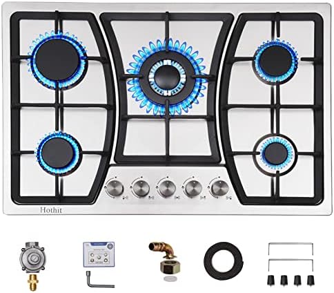 Hothit Propane Gas Cooktop 30" Inch, 5 Burner Built-in Stainless Steel Gas Stove Top, LPG/NG Dual Fuel Auto Ignition Gas Hob, Include Gas Pressure Regulator(L30"×W20")