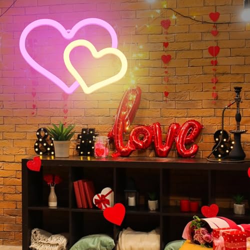 Image of Dual Heart Neon Signs for Wall Decor Led Neon Signs for Bedroom Wall Neon Lights for Home Party Wedding Bachelorette Parties Marriage Proposals Birthday Parties Christmas Decorations