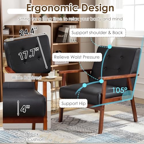 Image of STHOUYN Accent Chairs Set of 2, Leather Chair with Wood Frame (2) | STHOUYN, Upholstered, Tufted, Comfy, Reading Arm Chair, Mid-Century Modern, Living Room, Waiting Room, Office