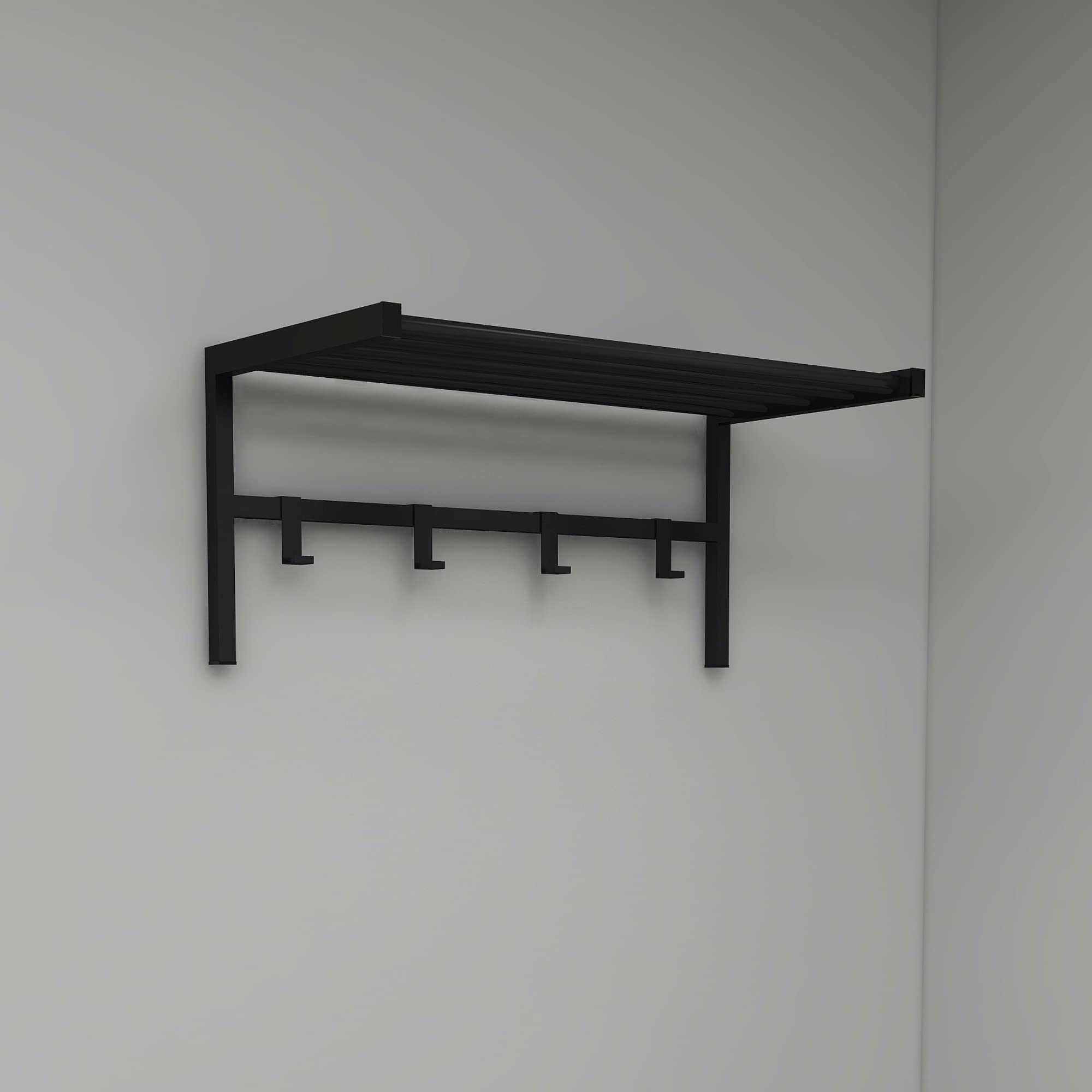 [en.casa] Appendiabiti a Parete con Ripiano a Rete (AxLxP) 32,5 x 69 x 34 cm Attaccapanni da Muro con 4 Ganci e Mensola Struttura in Metallo - Nero