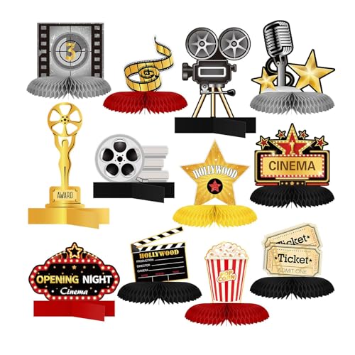 Bubaxuce 12 Pièces Accessoires Fête Cinéma Soirée Décorations Centre Nid d'abeille 3D Microphone Billet Étoile Vidéo Papier Élément Central Panneau...