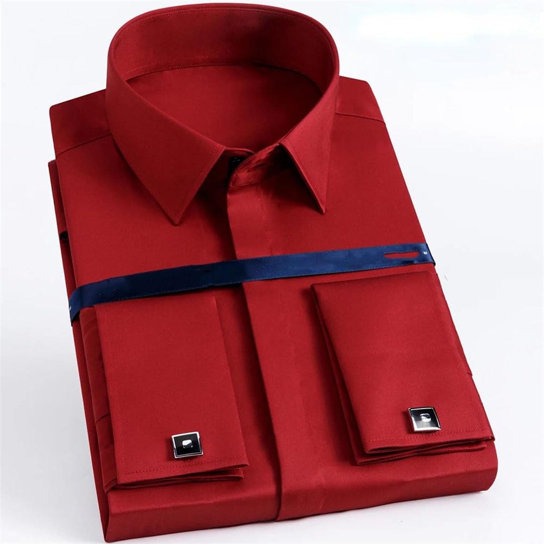 Alloaone Camicia da uomo a maniche lunghe con bottoni e polsini francesi, camicia da sposa con gemelli
