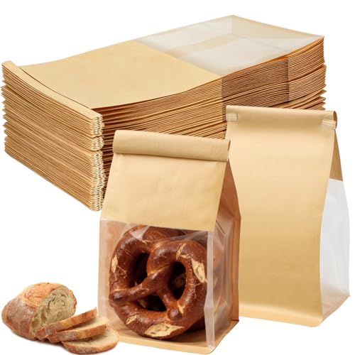 100PCS Bread Bags for Homemade Sourdough Bakery Cookie Kraft Paper Bag 5.1 x 4.13 x 11 Inch Tin Tie Tab Lock Loaf Treat Bag with Window for Bakery Cafe Homemade Breads Packaging
