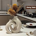 Hollow Ceramic Vase Set of 2, Round Modern Vase for Nordic Minimalist Style Decor, Donut Boho Aesthetic Vase for Trendy Home Living Master Room Entryway Table Decorative (Beige)