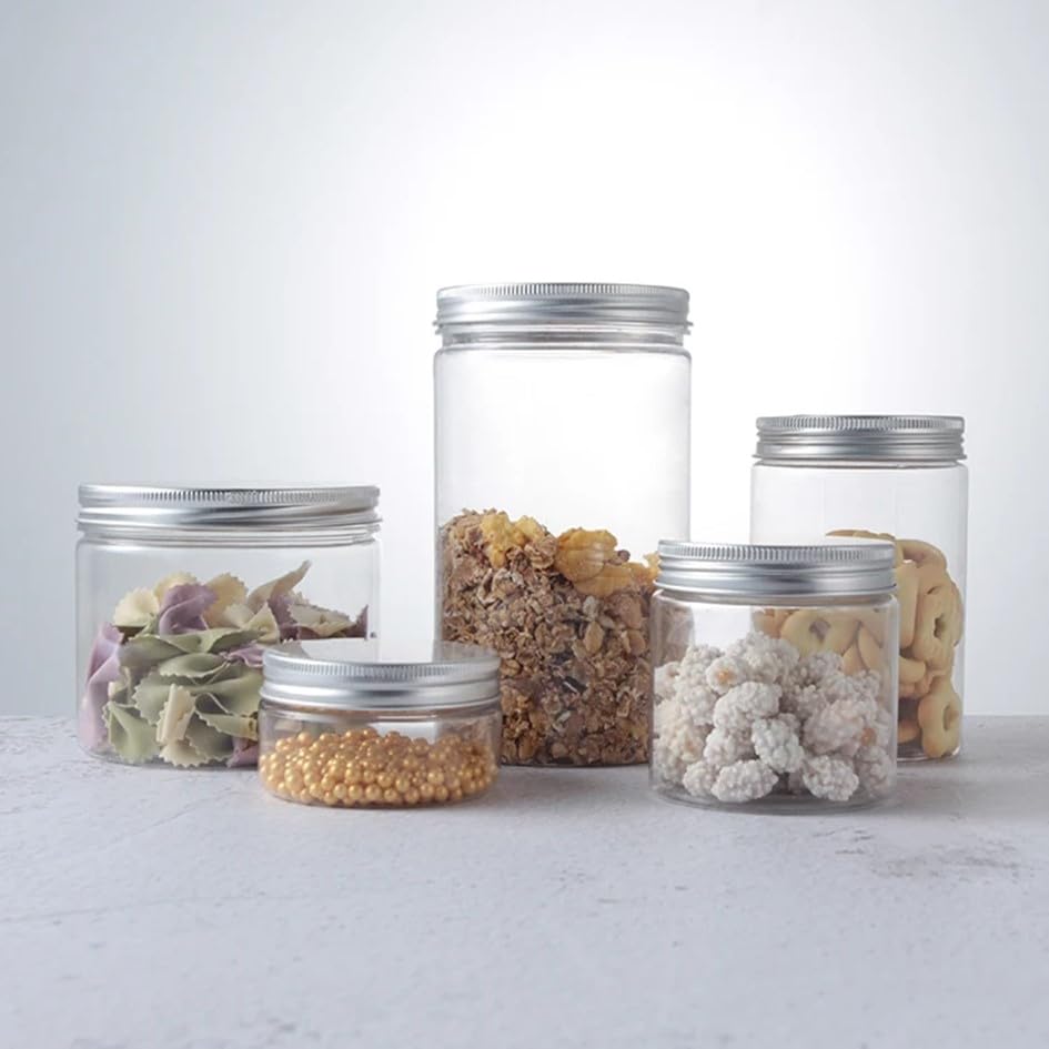 SHOBI Contenitori Alimentari in Polietilene con Coperchio in Alluminio, Barattoli in Plastica Ricaricabili Ermetici per Alimenti con Tappi a Vite (24, 250 ml)