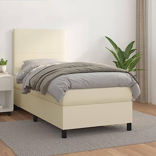 Teenpull Cama con somier con funda de piel sintética, color crema, 90 x 190 cm, incluye colchón de muelles ensacados, cabecero de altura regulable, comodidad media para dormitorio