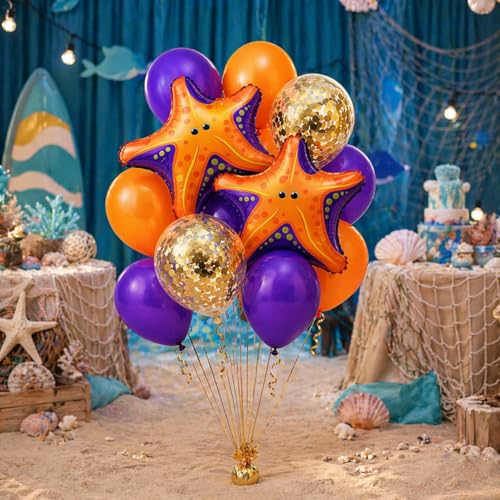 Image of Wanna Party Starfish Underwater Theme Balloon Set of 10 for Birthday Decoration | 2 Starfish Foil Balloons + 3 Purple + 3 Yellow + 2 Gold Confetti Balloons (12 Inch) | Ocean Sea Party Decor Supplies