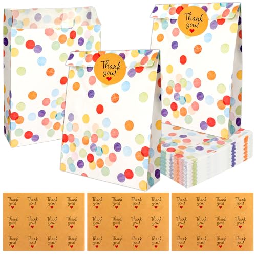 Bomtop 30 Bolsas Cumpleaños Infantil con 36 Pegatinas, Bolsas Chuches Galletas Cumpleaños, Bolsa de Regalo con Lunares de Colores para Envolver Regalos, Fiestas Infantil, Bodas, Navidad, Día del Niño