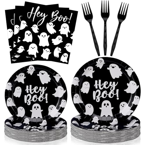 Havawish 122pcs/ 24 Set Halloween Party Supplies Hey Boo Tablewar...