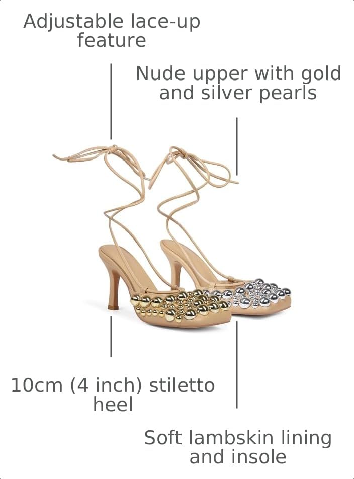 Image of Saint Leia Women's 4IN High Heel Sandals Nude Stiletto Pumps with Gold Silver Pearls Heels for Weddings Parties and Evening Wear
