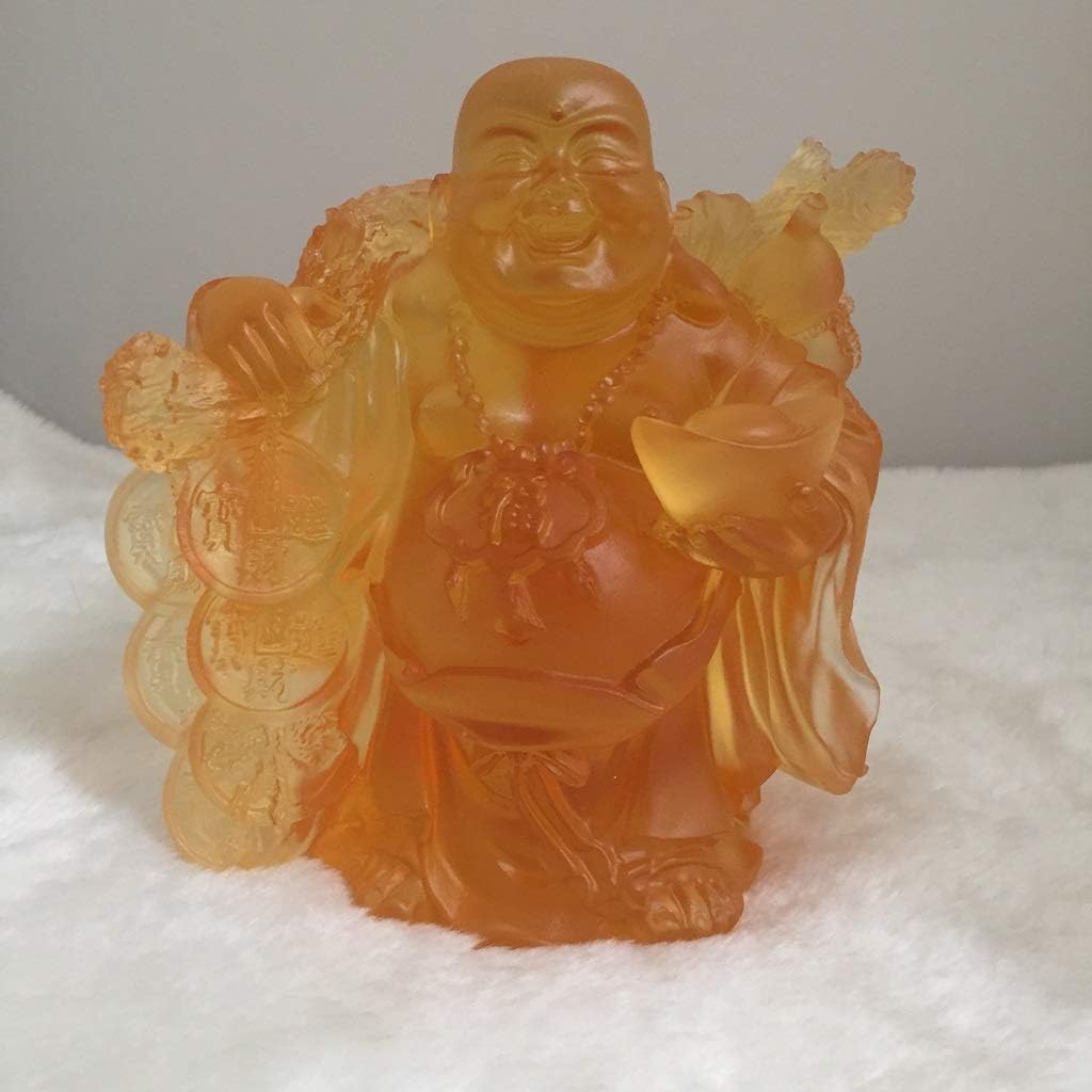 Laughing Buddha Statue with Bring Gold Bag - Maitreya Buddha in Amber Color Fengshui Ornament Gift for Home & Office (Liuli Crystal Glass)