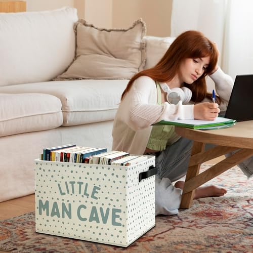 Image of Little Man Cave Boys Storage Bins Box with Handles, Blue Dots Collapsible Basket Organizer for Kids Boys Playroom Nursery Room Bedroom Bathroom Books Clothes