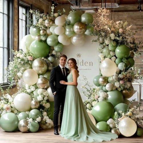 Image of Green White Balloon Garland Double Stuffed Sage Green Gold Pearl White Balloons Arch Kit Dusty Pastel Cream Sand Latex for Christmas Baby Shower Birthday Engagement Party Decorations