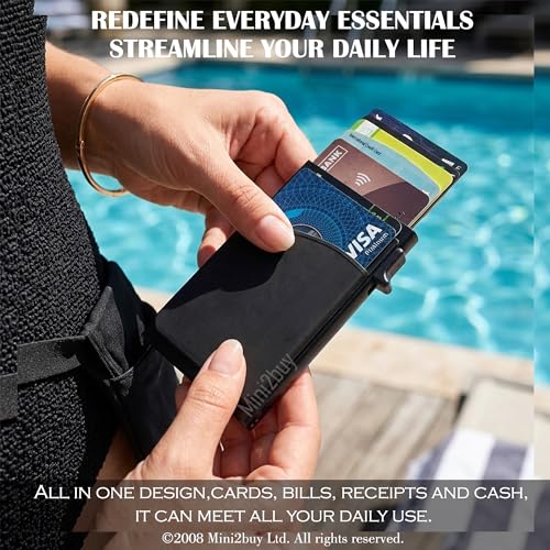 Image of Mini2buy Aluminium Pop-Up Slim Card Wallet with Quick Access Button for Men & Women [Smart 9 Slot Credit /Debit ATM] RFID Blocking, Minimalist Design, Corporate Gift (Pocket-Black)