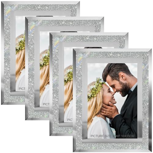 HIKWADERY 4x6 Picture Frames Silver - Set of 4, Sparkle Real Glass 4 by 6 Photo Frame Mirrored Edge Great Gift, for Tabletop Display, Wedding Birthday Mothers Day Gifts (4 x 6, Glitter Silver)
