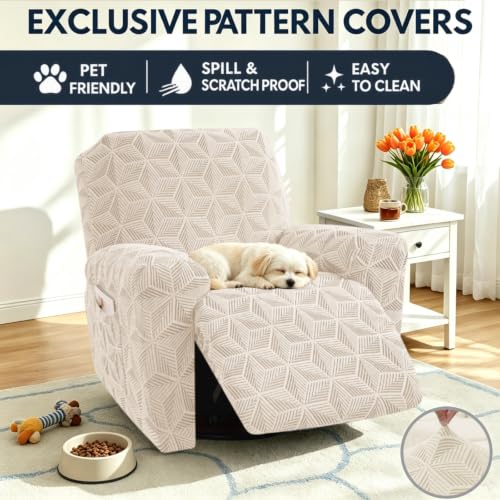 YEMYHOM Recliner Chair Cover, Stretch Recliner Slipcover for 1 Seater, Geometric Jacquard Reclining Couch Cover Furniture Protector for Pets & Kids, Beige by YEMYHOM - Image 2