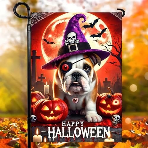 Hello Halloween Einäugige Bulldogge Gartenflagge Französische Bulldogge Hund Kürbisse Doppelseitig Vertikal Saisonal Herbst Outdoor Hof Rasen Dekorationen 31,8 x 45,7 cm Englische Bulldogge Hexe