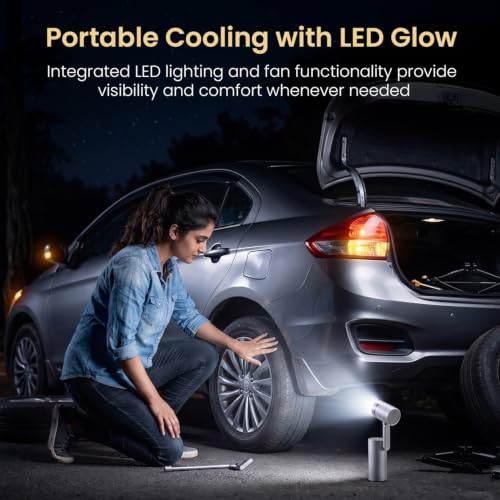 Image of Portronics Airlo Rechargeable Personal Hand Fan with LED Light, 18000 RPM High-Speed Airflow, 3000mAh Battery, BLDC Motor, 5 Speed Levels, Type-C Charging, For Travel, Office, Makeup & Outdoor