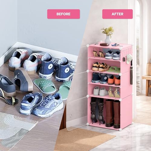 Image of amazon basics DIY Foldable Shoe Rack | 6 Layer Plastic Shoes Rack with Door Cover | Multipurpose Stand for Home & Entryway Pink