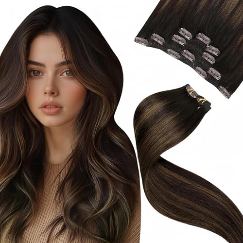 Image of LaaVoo Human Hair Clip in Extensions 12in Remy Soft Balayage Brown | Natural color transition for short layered cuts, seamless design hides perfectly in fine hair textures