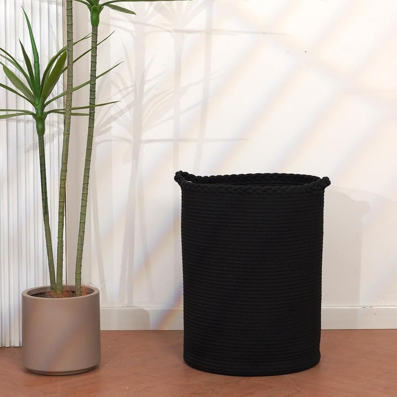 Image of Storage Rope Laundry Hamper Basket for Clothes, Towels and Blankets in Livingroom, Bedroom, Laundry Room and Basket for Nursery Storage (Size - 15 inch x 15 inch x 18 inch) (Black Zig Zag)
