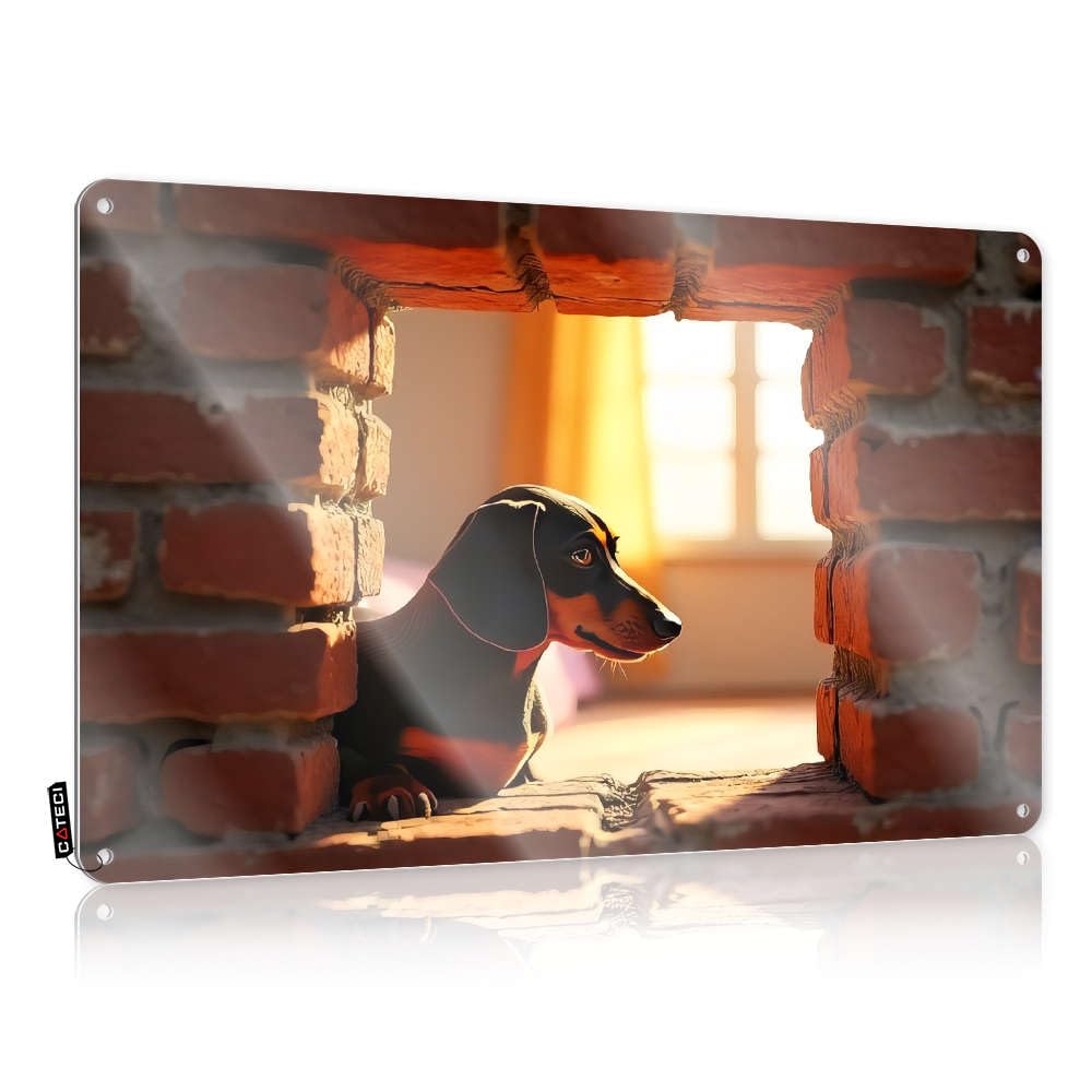 Tinplate Sign Tuff Wall Decor Caution Decoration Rust-proof Metal - Emo Vintage & A Dog Looks Out From Hole In Brick/Guitar For Men(30X40CM)