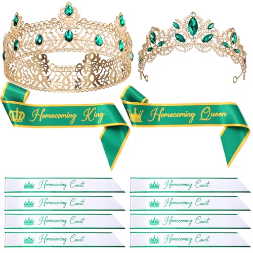 Ferreve 12 Pcs Homecoming Sashes and Crowns Set 2026 Homecoming King and Queen Royal Tiara University Party Accessories(Green)