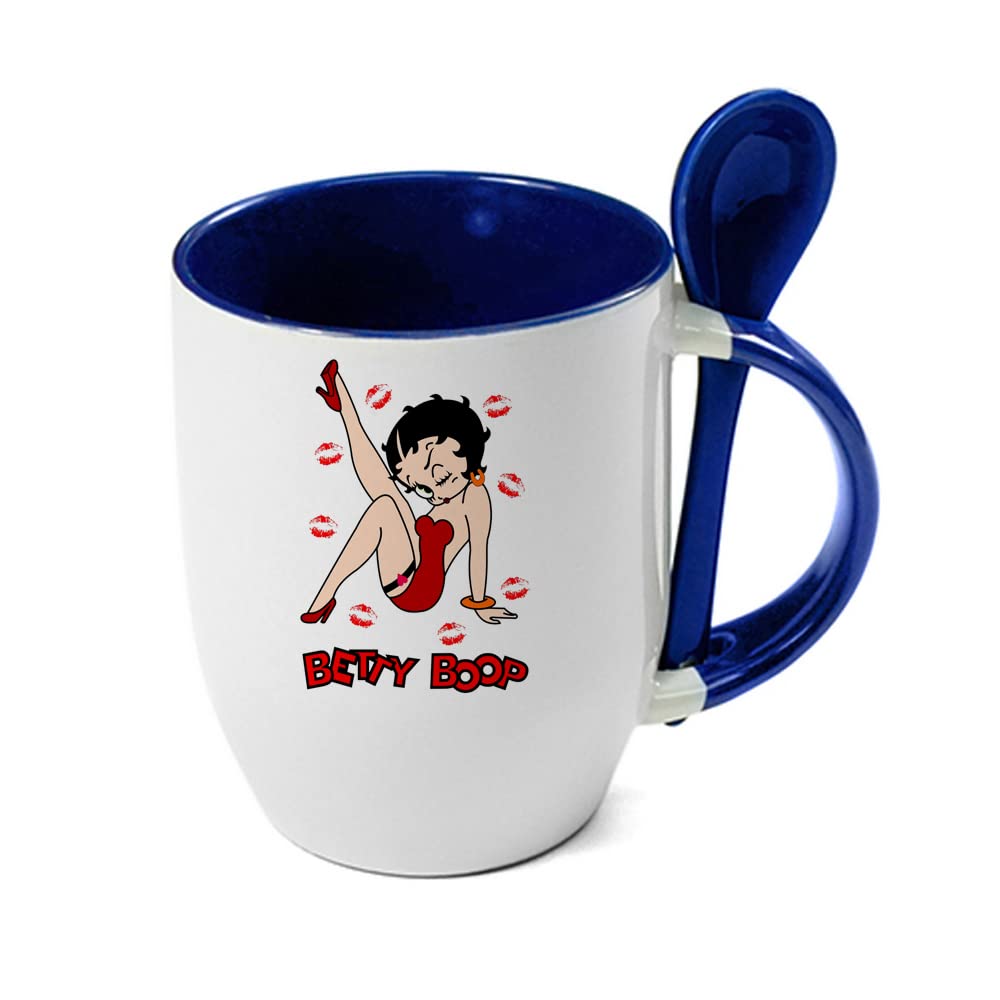Giftme Betty Cartoon Character Birthday, Christmas Coffee Tea Mug Unique Spoon Ceramic Mug. (Blue Spoon)