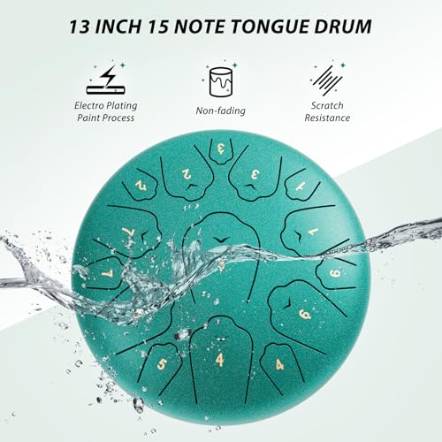 Image of Steel Tongue Drum, 13 Inch 15 Notes Tongue Drums, C Major 440 Hz Drum Percussion Instruments, Handpan Drums with Music Book, Drum Mallets and Carry Bag (Malachite Green)