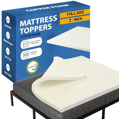 Image of Greaton, 2-Inch Copper-Infused Memory Foam Mattress Toppers, Cooling and Pressure Relieving with Airflow Design, Full, Beige