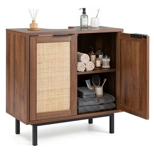 LOKO 24-inch Pedestal Sink Storage Cabinet Solid Freestanding Under Sink Cabinet with U-Shaped Cut-Out 2 Rattan Doors Shelf & Metal Legs (Brown)