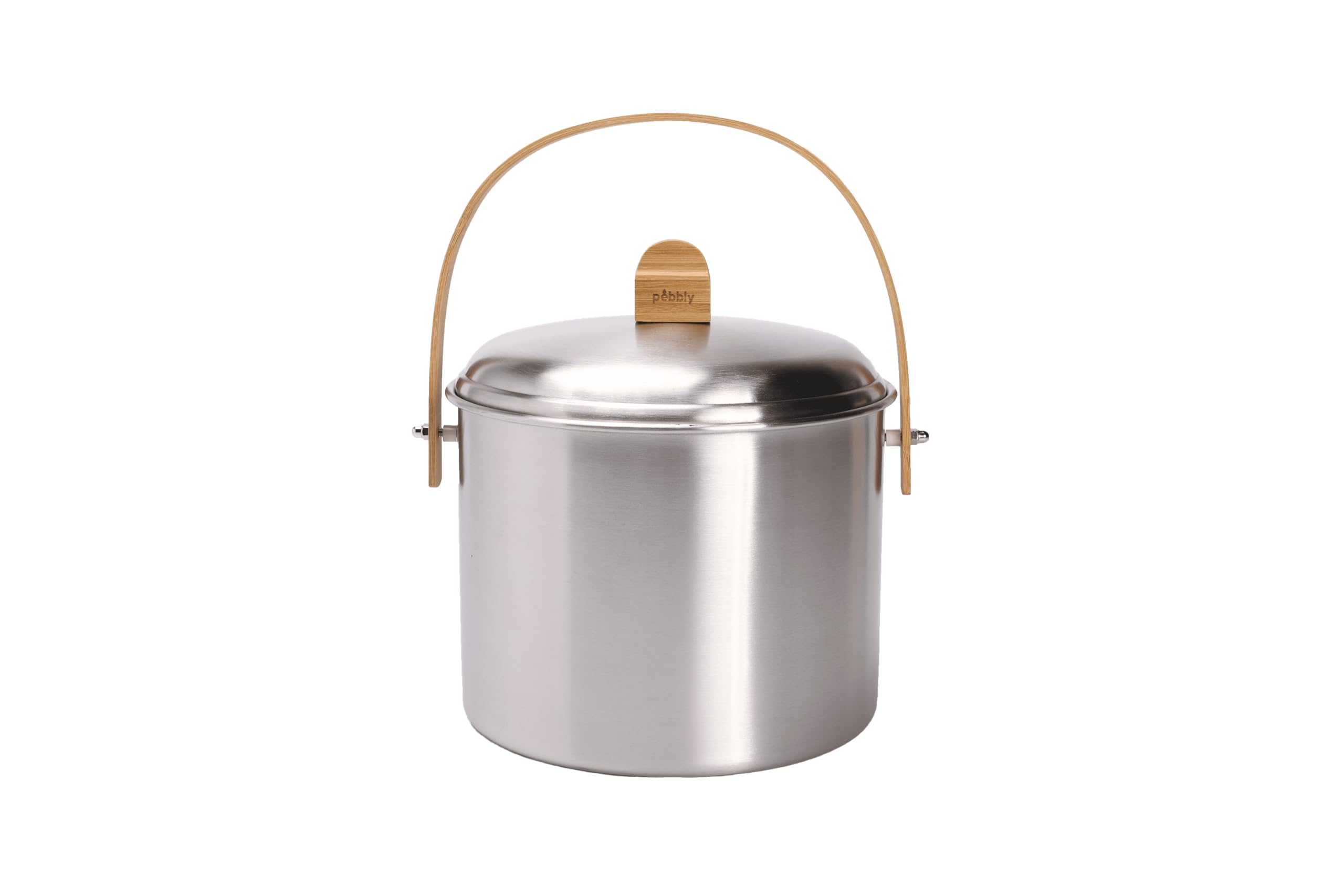 PEBBLY - Seau à Compost d'Intérieur en INOX et Anse en Bambou - 7 litres - Ø 22 x 25 cm - Filtre Anti-Odeur en Charbon Inclus, Seau Élégant, Durable, Léger et Résistant, sans Risque de Fuite