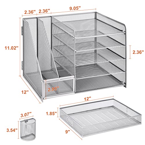 Image of Marbrasse Desk Organizer with File Holder, 5-Tier Paper Letter Tray Organizer with Drawer and 2 Pen Holder, Mesh Desktop Organizer and Storage with Magazine Holder for Office Supplies (Silver)