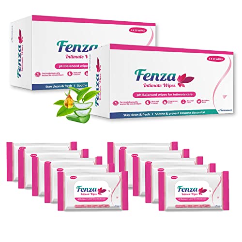 Image of Fenza Intimate Wipes100-Wipes (Pack of 10), with Aloe Vera & Tea Tree Oil, Protects Against Odour, Dryness, Itchiness & Irritation, Balances PH, for daily use | Dermatologically tested
