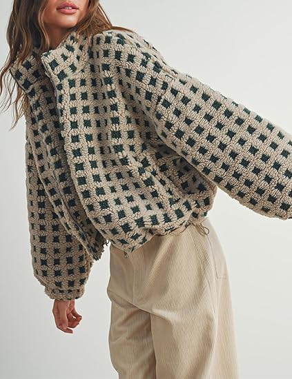 Womens Checkered Sherpa Fleece Jacket Lightweight Zip Up Long Sleeve Plaid Fur Outerwear with Pocket2