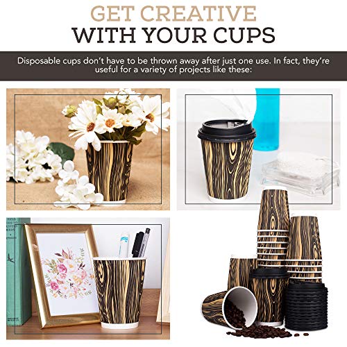 Nobleroyalcity-(NRC) Wood Design Disposable Coffee Cups with Lids - Leakproof Togo Coffee Cup Set with Secure Lids - Safety Ripple Wall for Hot and Cold Drinks - Sturdy Paper Beverage Cups - 12 oz - Thumbnail 5
