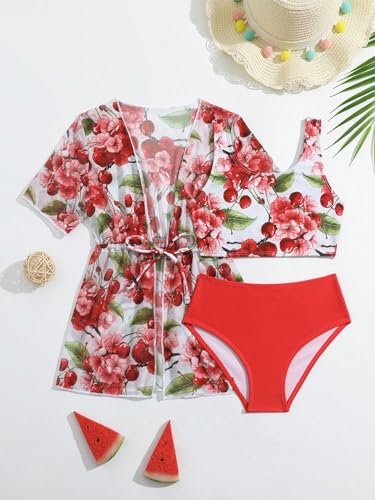 Image of WDIRARA Girl's 3 Pieces Swimsuits Boho Floral Print Bikini Set Beach Bathing Suit with Cover Up