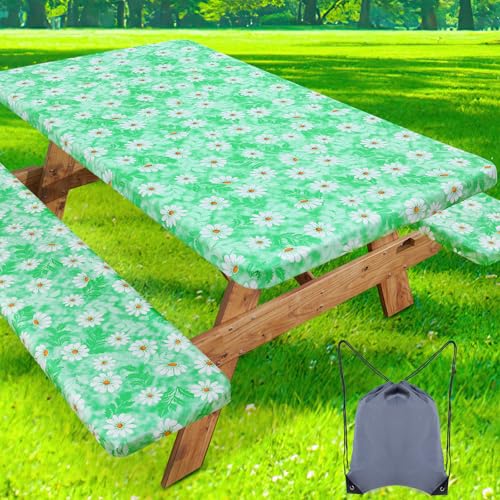 Image of misaya Picnic Table Cover with Bench Cover, Waterproof Elastic Fitted Tablecloth for 8 Foot Tables, Rectangle Washable Polyester Tablecloths for Picnic, Camping, Outdoor (Green Daisy, 30 inch x 96 inch)