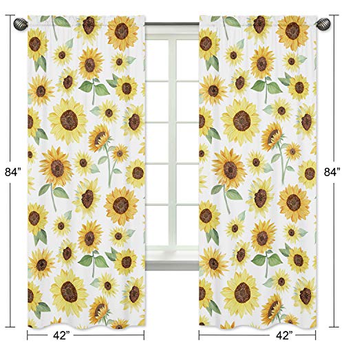 Sweet Jojo Designs Yellow, Green And White Sunflower Boho Floral Window Treatment Panels Curtains - Set Of 2 - Farmhouse Watercolor Flower #TOP4