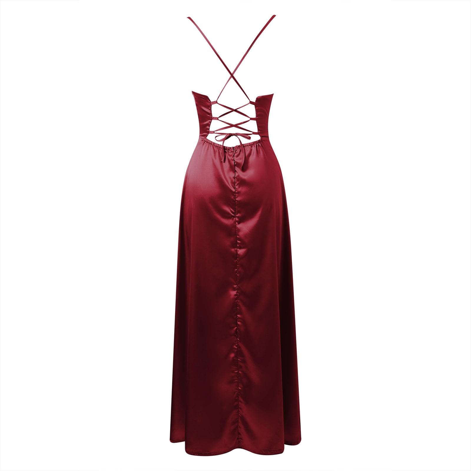 Satin Brautjungfernkleid Spaghettiträger Ballkleider Lang mit Schlitz Falte Abendkleider Rückenfrei Maxikleid Ärmellos A-Linie Formelles Abend Club Kleid Lange Kleider Figurbetontes Elegant Partykleid